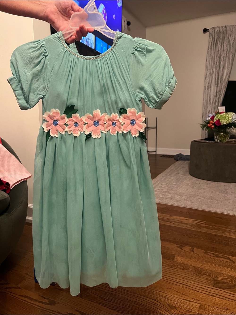 Mini Boden Girls' Mint Green Floral Waist Tulle Dress